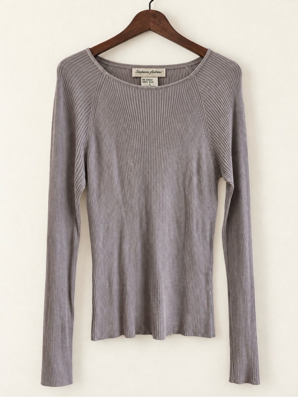 Stephanie Andrews 100% Silk Ribbed Long-Sleeve Top Women’s L Taupe Gray